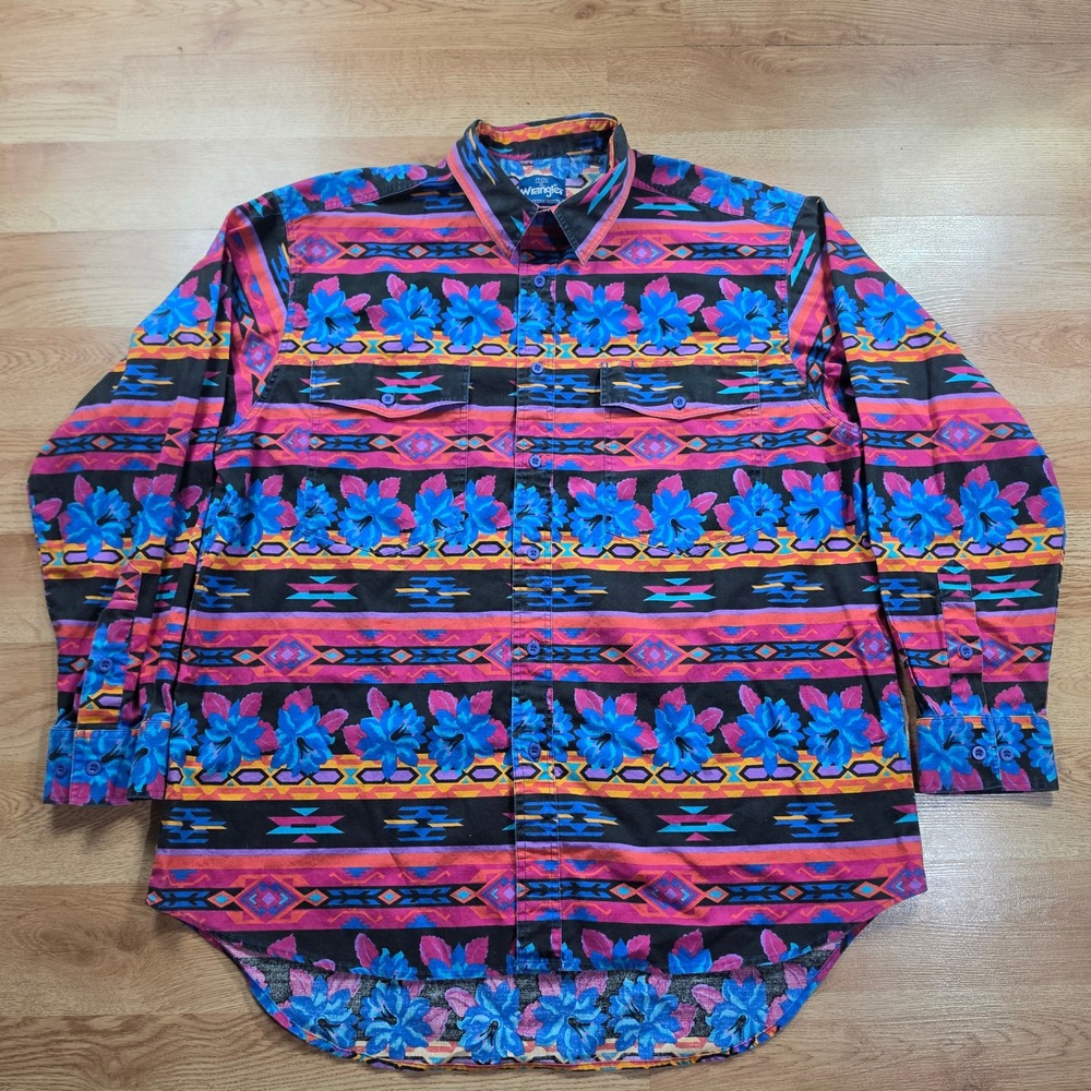 Vintage Wrangler Western Shirt Mens XL Multicolor Aztec Hibiscus Floral Cowboy